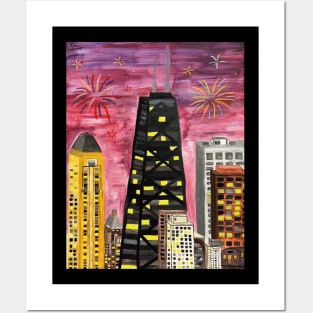 Chicago Night Skyline with Fireworks Painting Posters and Art